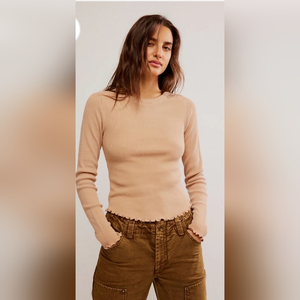Free People We The Free Easy Does It Long Sleeve Waffle Knit Tee- In Cuban Sand